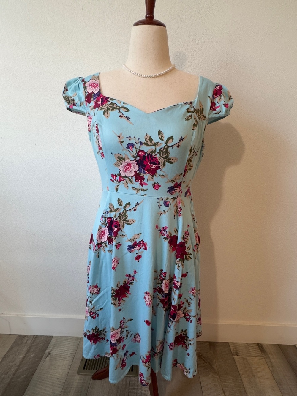 Light Blue Floral Midi Dress with Sweetheart Neckline